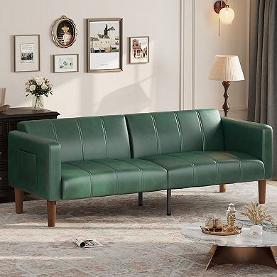PU Leather Futon Sofa Bed, Adjustable Backrest & Side Pockets, Space-Saving Loveseat for Small Space