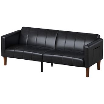 PU Leather Futon Sofa Bed, Adjustable Backrest & Side Pockets, Space-Saving Loveseat for Small Space
