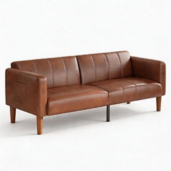 PU Leather Futon Sofa Bed, Adjustable Backrest & Side Pockets, Space-Saving Loveseat for Small Space