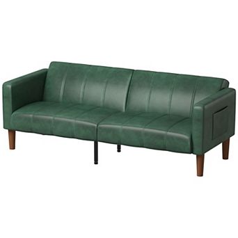 PU Leather Futon Sofa Bed, Adjustable Backrest & Side Pockets, Space-Saving Loveseat for Small Space