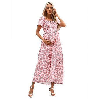 Maternity Floral Print Maxi Dress. Square Neck Short Sleeve Elastic Waist Pregnancy Dress for Casual