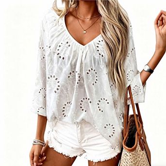 Women's Solid Color V Neck Blouse, Lace Embroidery 3/4 Sleeve Hollow Out Top