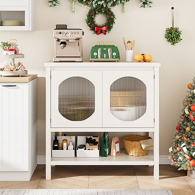 Modern Coffee Bar Cabinet with Reeded Glass Doors, White Storage Sideboard Console Table