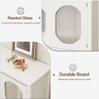 Modern Coffee Bar Cabinet with Reeded Glass Doors, White Storage Sideboard Console Table
