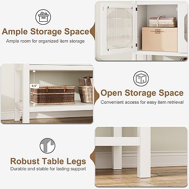 Modern Coffee Bar Cabinet with Reeded Glass Doors, White Storage Sideboard Console Table