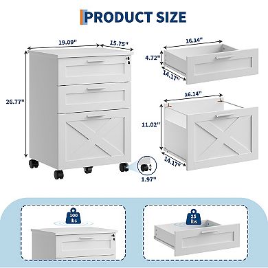 3 Drawer Locking File Cabinet with Wheels, Mobile Under Desk Filing Cabinet for A4/Letter