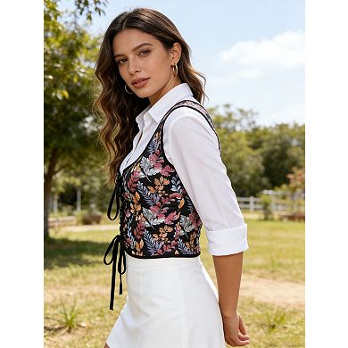 Women's Vintage Renaissance Print Corset Tank Top Front Back Tie Detail Bodycon Bustier