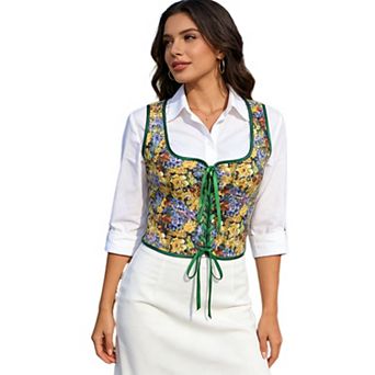 Women's Vintage Renaissance Print Corset Tank Top Front Back Tie Detail Bodycon Bustier