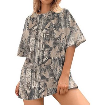 Women's Leaf Print T-Shirt Casual Loose Oversized Short Sleeve Summer Streetwear