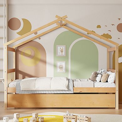 Sailvan Twin Size Wooden House Bed with Twin Size Trundle
