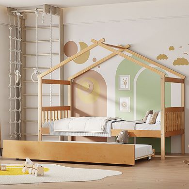 Sailvan Twin Size Wooden House Bed with Twin Size Trundle