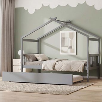 Sailvan Twin Size Wooden House Bed with Twin Size Trundle