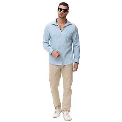 Men's Textured Long-Sleeve Button-Down Shirt for Casual Beach and Everyday Wear