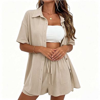 Women's Casual Shirt and Shorts Set, Short Sleeve Button Top and Drawstring Shorts