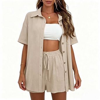 Women's Casual Shirt and Shorts Set, Short Sleeve Button Top and Drawstring Shorts