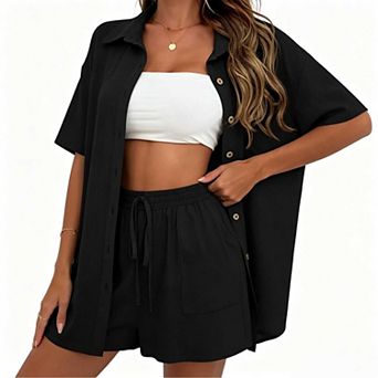 Women's Casual Shirt and Shorts Set, Short Sleeve Button Top and Drawstring Shorts