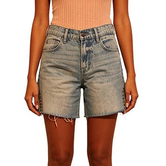 Women's Summer Denim Shorts Minimalist Raw Hem with Studded Side Slit Design