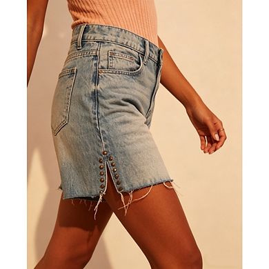 Women's Summer Denim Shorts Minimalist Raw Hem with Studded Side Slit Design