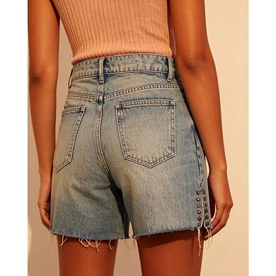 Women's Summer Denim Shorts Minimalist Raw Hem with Studded Side Slit Design