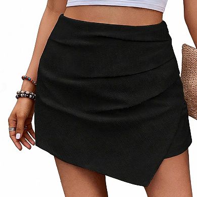 Women's Textured Ruched Skort, High Waist Asymmetric Mini Skirt with Back Zipper