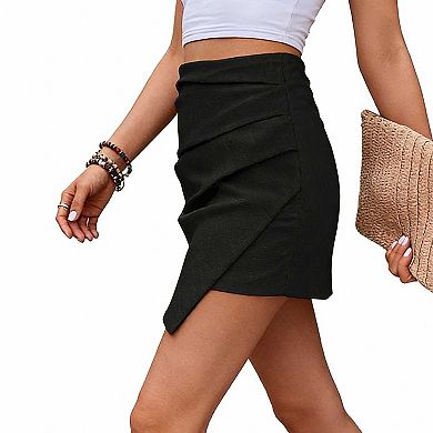 Women's Textured Ruched Skort, High Waist Asymmetric Mini Skirt with Back Zipper