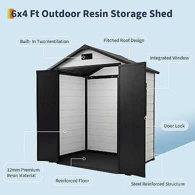 6x4 ft Outdoor Resin Storage Shed with Floor, Lockable Door & Window, for Tool Storage