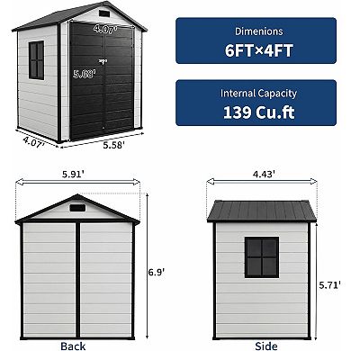 6x4 ft Outdoor Resin Storage Shed with Floor, Lockable Door & Window, for Tool Storage