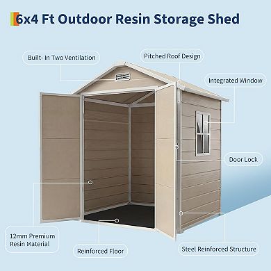 6x4 ft Outdoor Resin Storage Shed with Floor, Lockable Door & Window, for Tool Storage