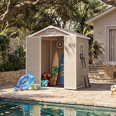 6x4 ft Outdoor Resin Storage Shed with Floor, Lockable Door & Window, for Tool Storage