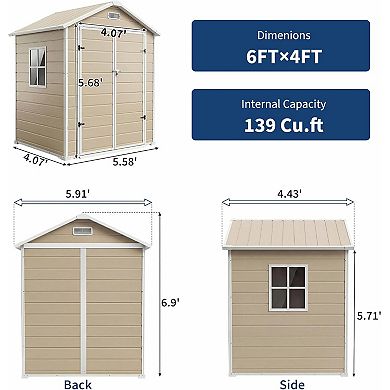6x4 ft Outdoor Resin Storage Shed with Floor, Lockable Door & Window, for Tool Storage
