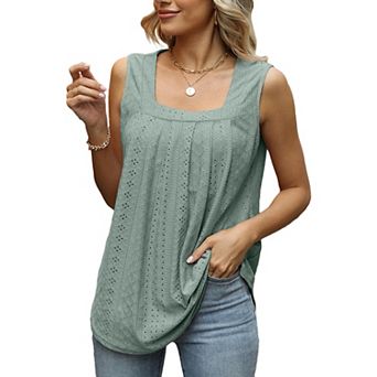 Women's Summer Square Neck Hollow Out Eyelet Tank Top Sleeveless Pleated Blouse Boho Casual Shirt