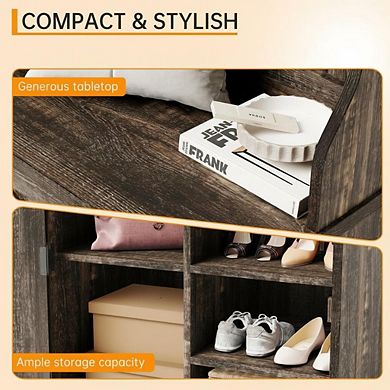 23.6" Farmhouse Hall Tree with Shoe Storage Bench, Coat Rack with Hooks & Cabinet for Entryway