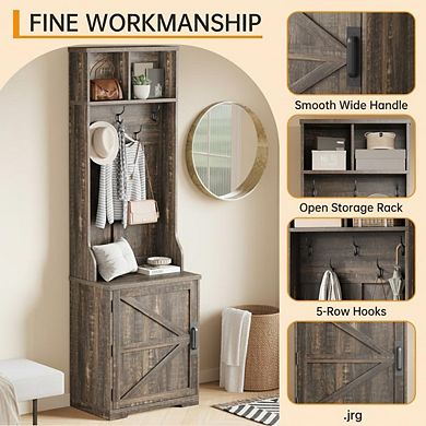 23.6" Farmhouse Hall Tree with Shoe Storage Bench, Coat Rack with Hooks & Cabinet for Entryway
