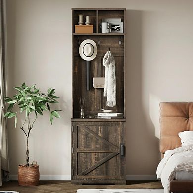 23.6" Farmhouse Hall Tree with Shoe Storage Bench, Coat Rack with Hooks & Cabinet for Entryway