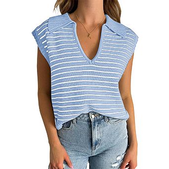 Women's Striped v Neck Sleeveless Sweaters Vest Pullover Tank Tops Casual Cap Sleeve Loose Knit Vest