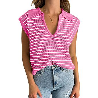 Women's Striped v Neck Sleeveless Sweaters Vest Pullover Tank Tops Casual Cap Sleeve Loose Knit Vest
