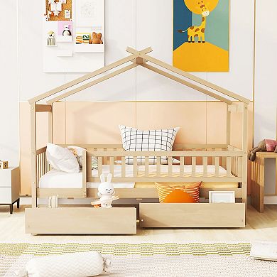 Sailvan Twin Size Wooden House Bed with Two Drawers