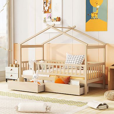 Sailvan Twin Size Wooden House Bed with Two Drawers