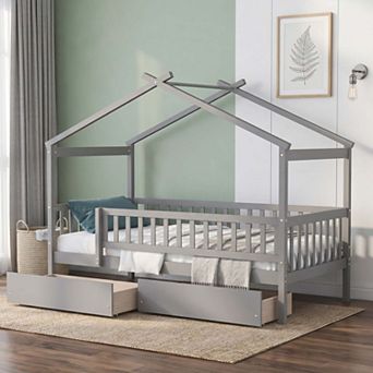 Sailvan Twin Size Wooden House Bed with Two Drawers