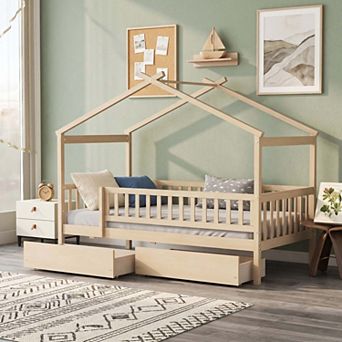 Sailvan Twin Size Wooden House Bed with Two Drawers