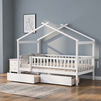 Sailvan Twin Size Wooden House Bed with Two Drawers