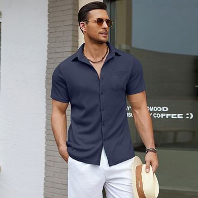 Men's Waffle Knit Short Sleeve Button Down Shirt Casual Collared Shirt with Pocket Summer Tops