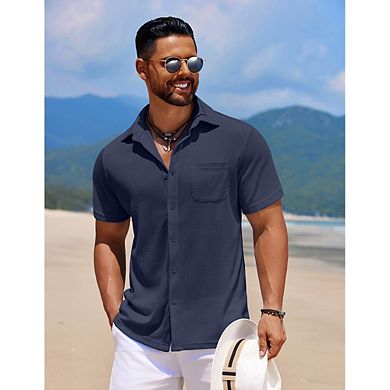 Men's Waffle Knit Short Sleeve Button Down Shirt Casual Collared Shirt with Pocket Summer Tops