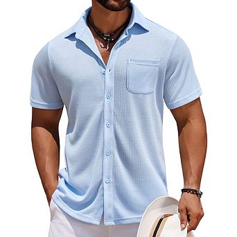 Men's Waffle Knit Short Sleeve Button Down Shirt Casual Collared Shirt with Pocket Summer Tops