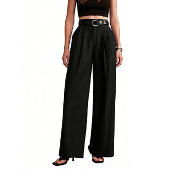 Women's Casual Wide Leg Pants High Waist Pleated Tailored Full-Length Trousers