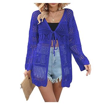 Women's Tie Front Cover Up Crochet Lightweight Long Sleeve Cardigan Sweaters Beach Hollow Cover Up