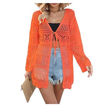 Women's Tie Front Cover Up Crochet Lightweight Long Sleeve Cardigan Sweaters Beach Hollow Cover Up