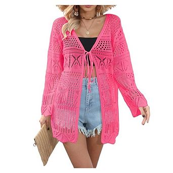 Women's Tie Front Cover Up Crochet Lightweight Long Sleeve Cardigan Sweaters Beach Hollow Cover Up