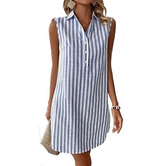 Women's Striped Sleeveless Shirt Dress, V Neck Button Up Casual Short Dress for Summer