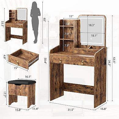 Vanity Desk with Mirror, Small Makeup Vanity Table Set with Storage Drawers & Chair
